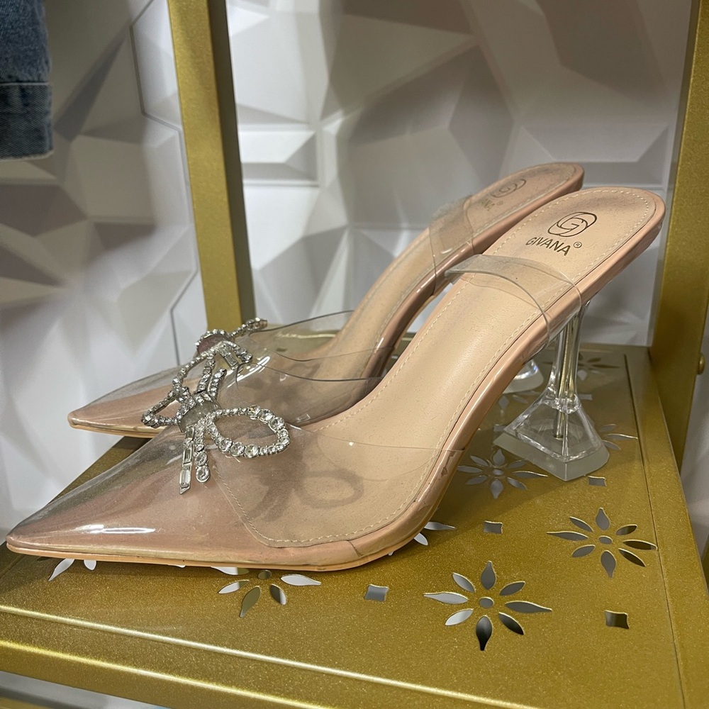 Clear Heeled Mules with Rhinestone Bow